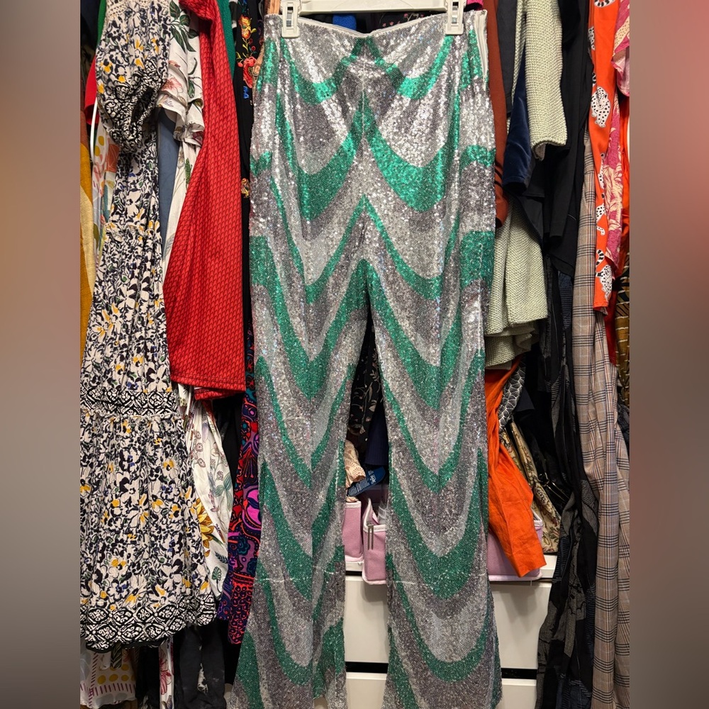 Nasty Gal Silver and Green sequined Wide Leg Pants  NWT